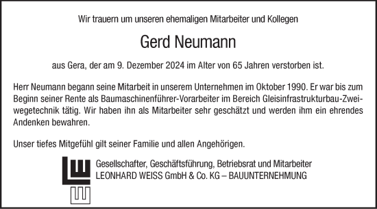 Traueranzeige von Gerd Neumann von NWZ Neue Württembergische Zeitung