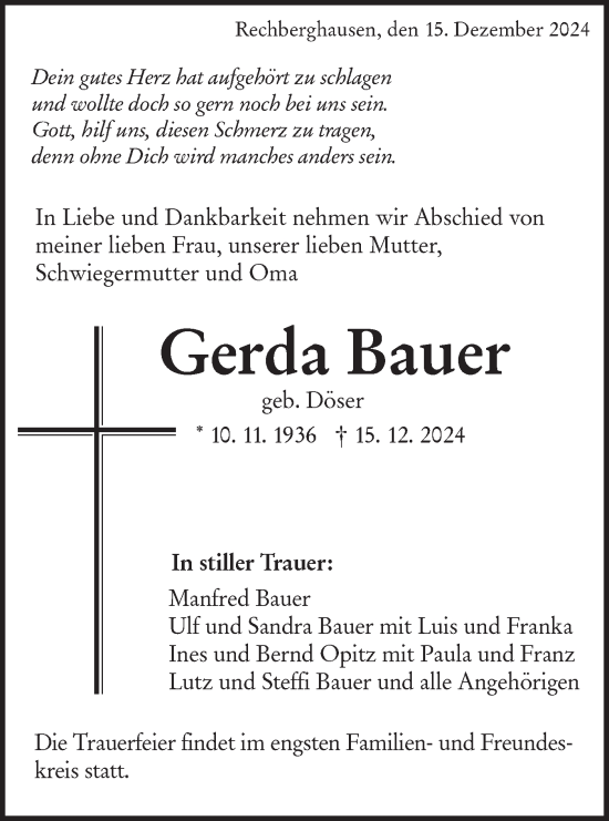 Traueranzeige von Gerda Bauer von NWZ Neue Württembergische Zeitung