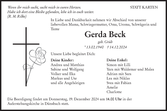 Traueranzeige von Gerda Beck von Hohenloher Tagblatt/Haller Tagblatt