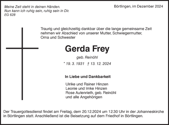 Traueranzeige von Gerda Frey von NWZ Neue Württembergische Zeitung