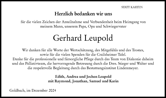 Traueranzeige von Gerhard Leupold von Hohenloher Tagblatt