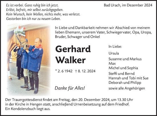 Traueranzeige von Gerhard Walker von Alb-Bote/Metzinger-Uracher Volksblatt