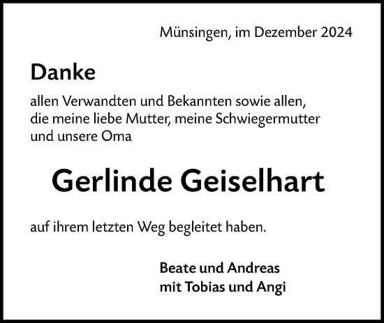 Traueranzeige von Gerlinde Geiselhart von Alb-Bote/Metzinger-Uracher Volksblatt