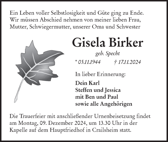 Traueranzeige von Gisela Birker von Hohenloher Tagblatt