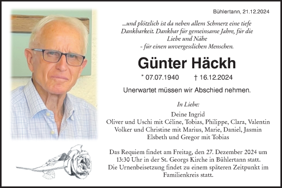 Traueranzeige von Günter Häckh von Haller Tagblatt