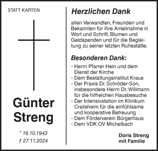 Traueranzeige von Günter Streng von Hohenloher Tagblatt