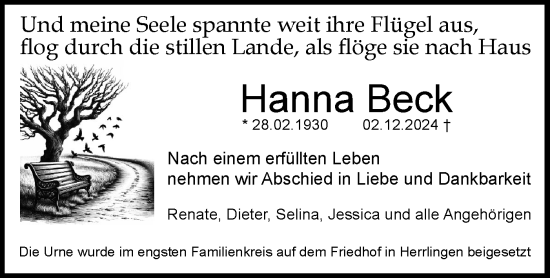 Traueranzeige von Hanna Beck von SÜDWEST PRESSE Ausgabe Ulm/Neu-Ulm