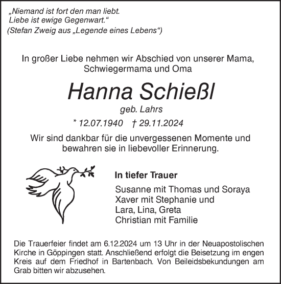 Traueranzeige von Hanna Schießl von NWZ Neue Württembergische Zeitung