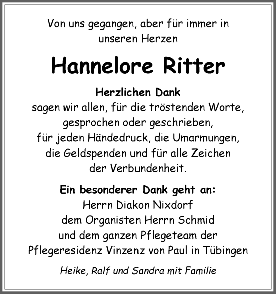 Traueranzeige von Hannelore Ritter von Schwäbische Tagblatt