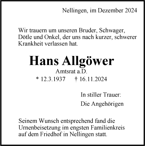 Traueranzeige von Hans Allgöwer von SÜDWEST PRESSE Ausgabe Ulm/Neu-Ulm