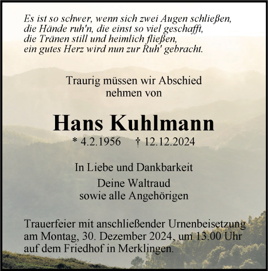 Traueranzeige von Hans Kuhlmann von SÜDWEST PRESSE Ausgabe Ulm/Neu-Ulm