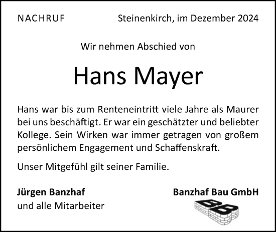 Traueranzeige von Hans Mayer von Geislinger Zeitung