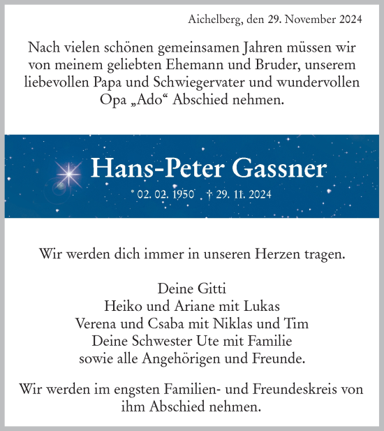 Traueranzeige von Hans-Peter Gassner von NWZ Neue Württembergische Zeitung