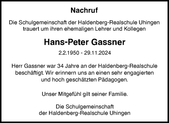 Traueranzeige von Hans-Peter Gassner von NWZ Neue Württembergische Zeitung