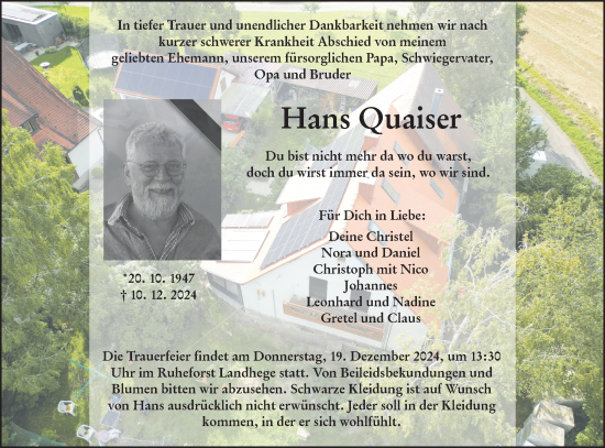 Traueranzeige von Hans Quaiser von Hohenloher Tagblatt