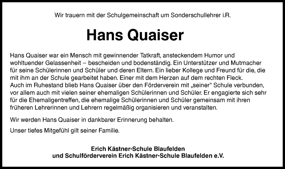  Traueranzeige für Hans Quaiser vom 17.12.2024 aus Hohenloher Tagblatt