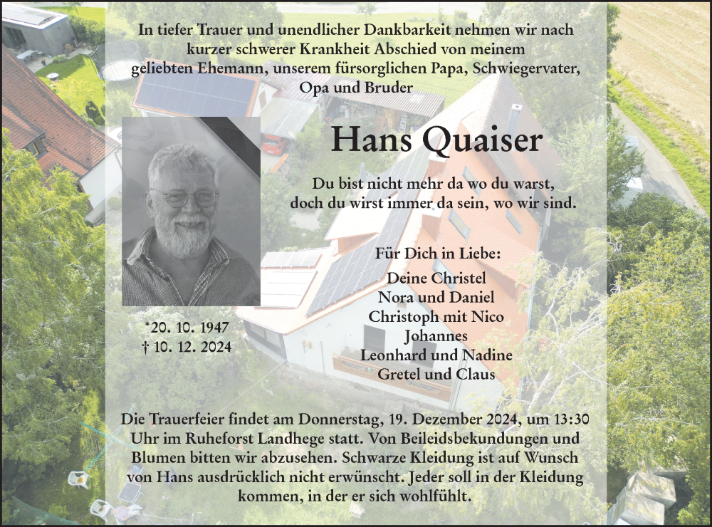  Traueranzeige für Hans Quaiser vom 17.12.2024 aus Hohenloher Tagblatt