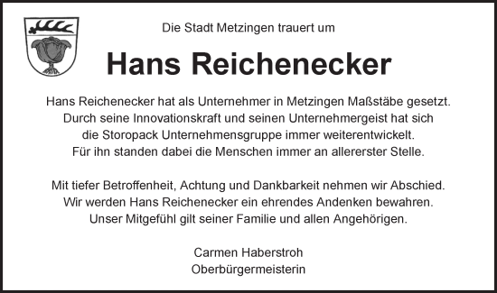 Traueranzeige von Hans Reichenecker von Alb-Bote/Metzinger-Uracher Volksblatt