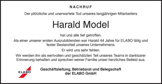 Traueranzeige von Harald Model von Hohenloher Tagblatt