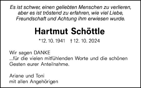 Traueranzeige von Hartmut Schöttle von Schwäbische Tagblatt