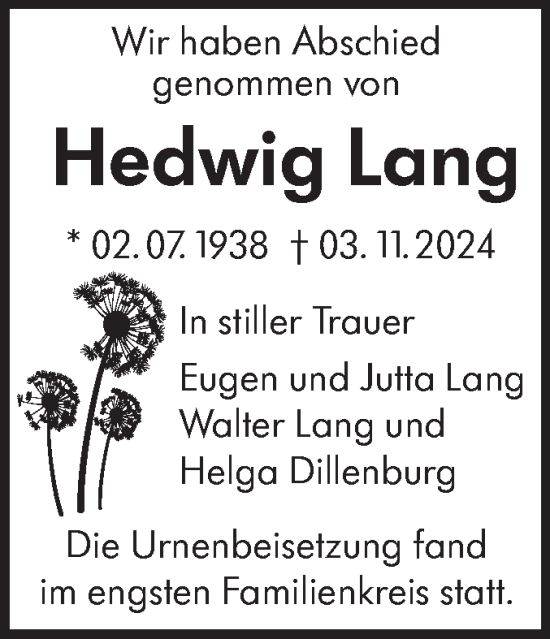 Traueranzeige von Hedwig Lang von Alb-Bote/Metzinger-Uracher Volksblatt