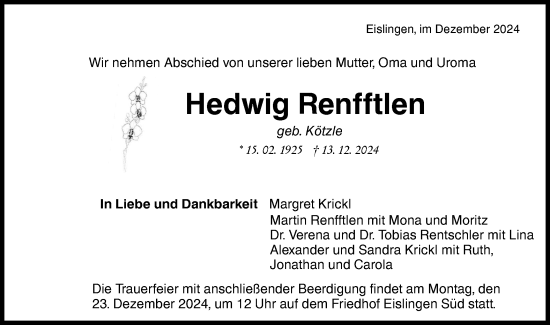 Traueranzeige von Hedwig Renfftlen von NWZ Neue Württembergische Zeitung