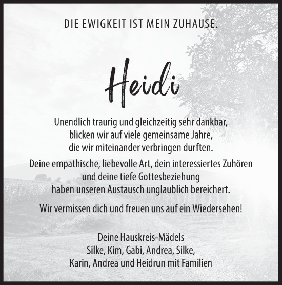 Traueranzeige von Heidi  von Hohenloher Tagblatt