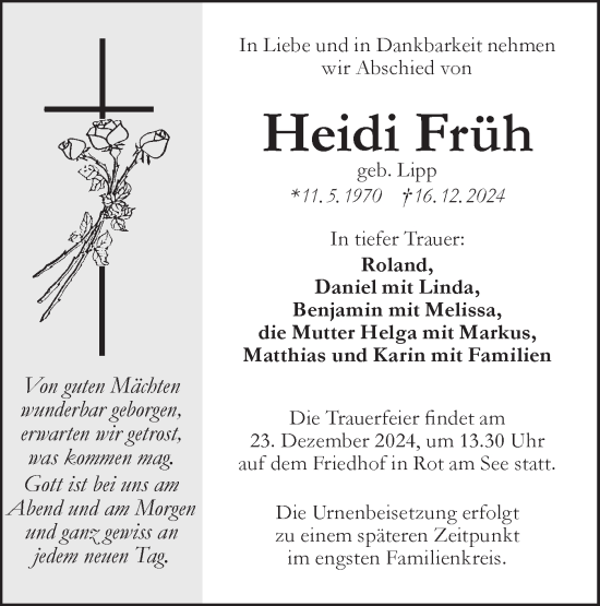 Traueranzeige von Heidi Früh von Hohenloher Tagblatt