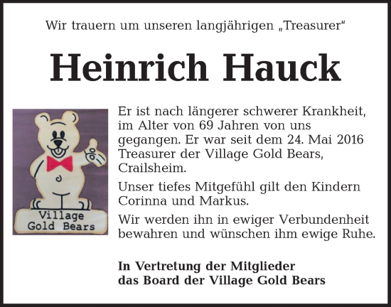 Traueranzeige von Heinrich Hauck von Haller Tagblatt