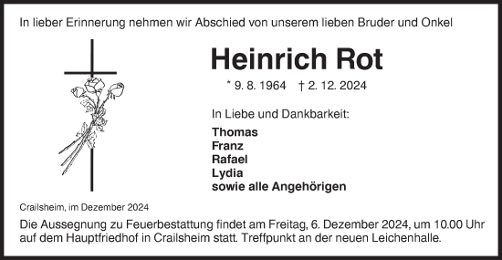 Traueranzeige von Heinrich Rot von Hohenloher Tagblatt