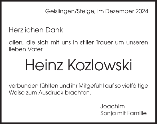 Traueranzeige von Heinz Kozlowski von Geislinger Zeitung