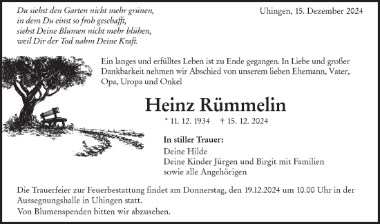 Traueranzeige von Heinz Rümmelin von NWZ Neue Württembergische Zeitung