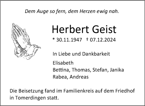 Traueranzeige von Herbert Geist von SÜDWEST PRESSE Ausgabe Ulm/Neu-Ulm