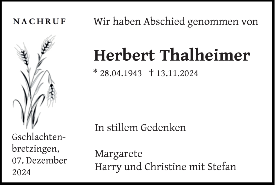 Traueranzeige von Herbert Thalheimer von Haller Tagblatt