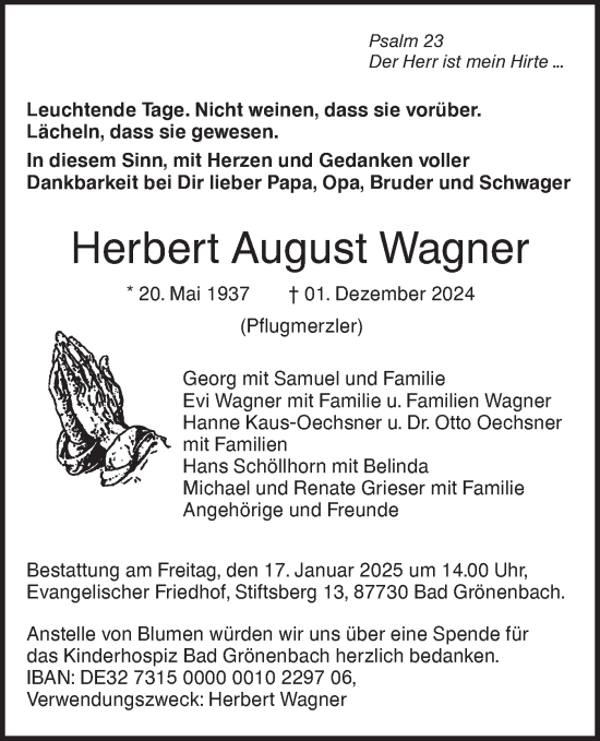 Traueranzeige von Herbert August Wagner von SÜDWEST PRESSE Ausgabe Ulm/Neu-Ulm