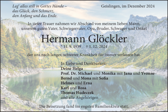 Traueranzeige von Hermann Glöckler von Geislinger Zeitung