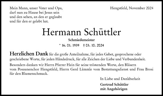 Traueranzeige von Hermann Schüttler von Hohenloher Tagblatt