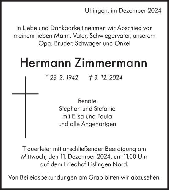 Traueranzeige von Hermann Zimmermann von NWZ Neue Württembergische Zeitung