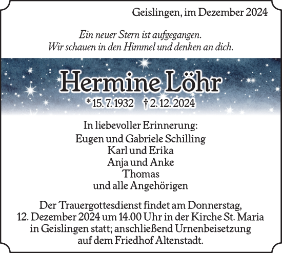 Traueranzeige von Hermine Löhr von Geislinger Zeitung