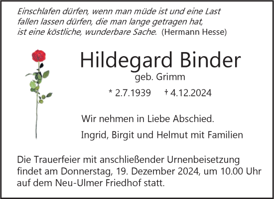 Traueranzeige von Hildegard Binder von SÜDWEST PRESSE Ausgabe Ulm/Neu-Ulm