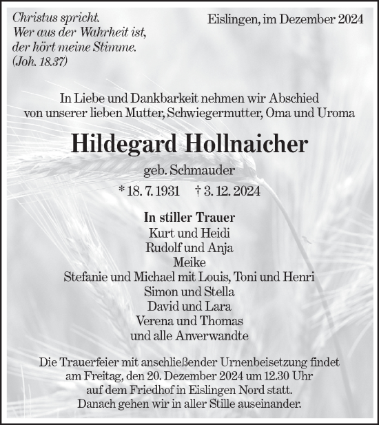 Traueranzeige von Hildegard Hollnaicher von NWZ Neue Württembergische Zeitung