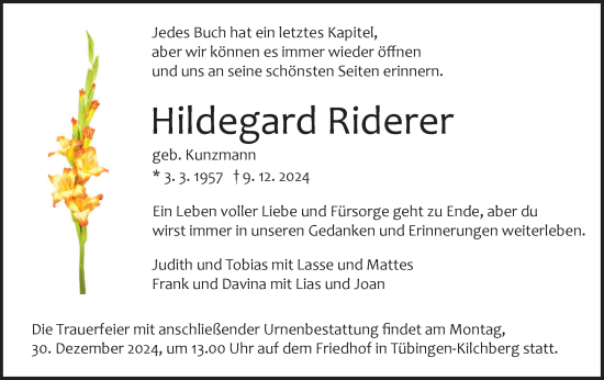 Traueranzeige von Hildegard Riderer von Schwäbische Tagblatt