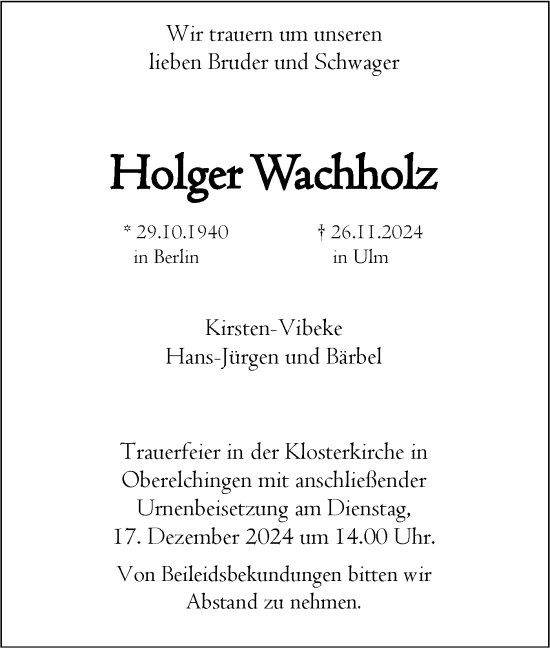 Traueranzeige von Holger Wachholz von SÜDWEST PRESSE Ausgabe Ulm/Neu-Ulm