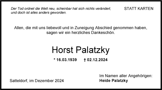 Traueranzeige von Horst Palatzky von Hohenloher Tagblatt