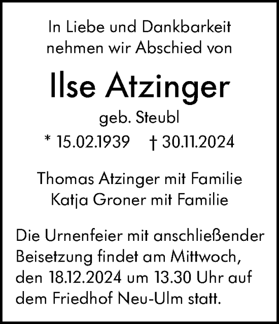 Traueranzeige von Ilse Atzinger von SÜDWEST PRESSE Ausgabe Ulm/Neu-Ulm