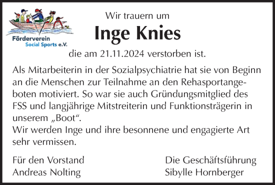 Traueranzeige von Inge Knies von Schwäbische Tagblatt