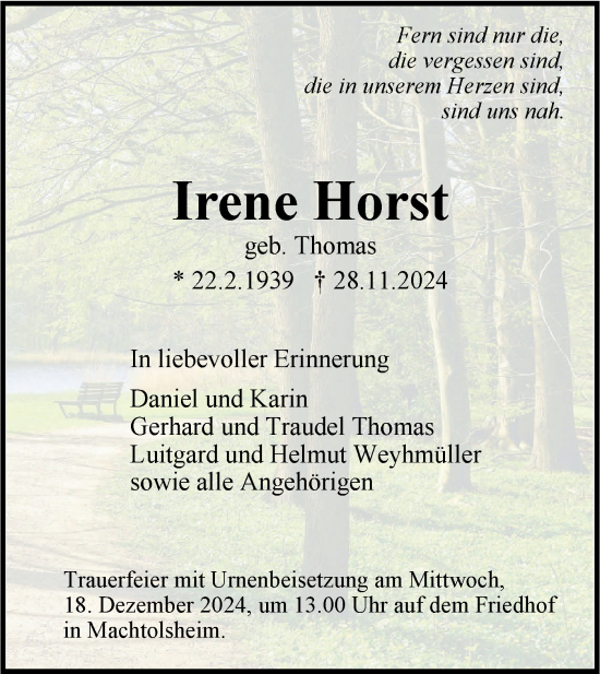 Traueranzeige von Irene Horst von SÜDWEST PRESSE Ausgabe Ulm/Neu-Ulm