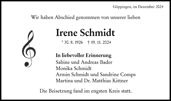 Traueranzeige von Irene Schmidt von NWZ Neue Württembergische Zeitung