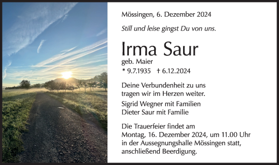 Traueranzeige von Irma Saur von Schwäbische Tagblatt