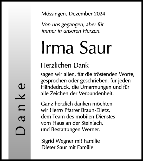 Traueranzeige von Irma Saur von Schwäbische Tagblatt